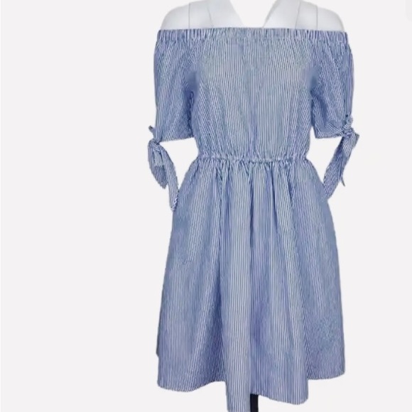 NWOT Guess Blue & White Striped Off the Shoulder Dress, Size XS - Picture 3 of 10